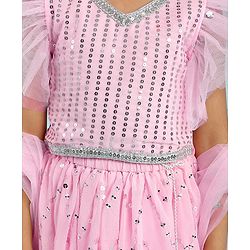 Babyhug Woven Frill Sleeves Choli Lehenga Set With Sequin Detailing & Dupatta - Pink