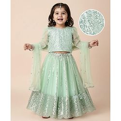 Babyhug Woven Three Fourth  Sleeves Choli And Lehenga Set With Dupatta  And Sequins Work With Lace Detailing - Mint
