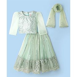 Babyhug Woven Three Fourth  Sleeves Choli And Lehenga Set With Dupatta  And Sequins Work With Lace Detailing - Mint