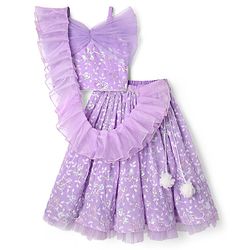 Babyhug Woven Sleeveless Choli Lehenga Set & Dupatta With Sequin Floral Embroidery & Lace Detailing - Lavender