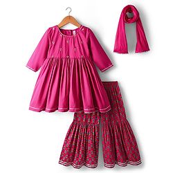 Babyhug Cotton Woven Three Fourth Sleeves Kurti Gharara Set with Dupatta Floral Print & Embroidery - Fuchsia