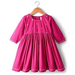 Babyhug Cotton Woven Three Fourth Sleeves Kurti Gharara Set with Dupatta Floral Print & Embroidery - Fuchsia