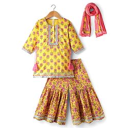 Babyhug Cotton Woven Three Fourth Sleeves Kurti Gharara Set with Dupatta Floral Print & Lace Detailing - Yellow