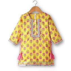 Babyhug Cotton Woven Three Fourth Sleeves Kurti Gharara Set with Dupatta Floral Print & Lace Detailing - Yellow