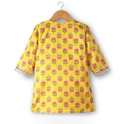 Babyhug Cotton Woven Three Fourth Sleeves Kurti Gharara Set with Dupatta Floral Print & Lace Detailing - Yellow