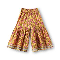 Babyhug Cotton Woven Three Fourth Sleeves Kurti Gharara Set with Dupatta Floral Print & Lace Detailing - Yellow