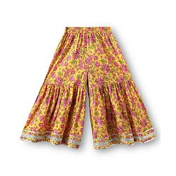 Babyhug Cotton Woven Three Fourth Sleeves Kurti Gharara Set with Dupatta Floral Print & Lace Detailing - Yellow