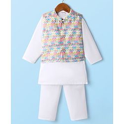 Babyhug Woven Full Sleeves Kurta Pyjama Set With Printed Jacket - White