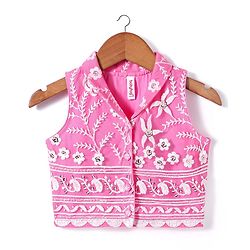 Babyhug Woven Sleeveless Choli And Lehenga Set With Dupatta And Floral Embroidery Sequins Work - Pink