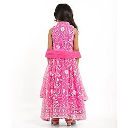 Babyhug Woven Sleeveless Choli And Lehenga Set With Dupatta And Floral Embroidery Sequins Work - Pink