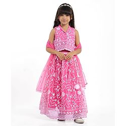 Babyhug Woven Sleeveless Choli And Lehenga Set With Dupatta And Floral Embroidery Sequins Work - Pink
