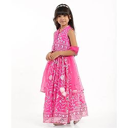 Babyhug Woven Sleeveless Choli And Lehenga Set With Dupatta And Floral Embroidery Sequins Work - Pink