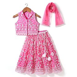 Babyhug Woven Sleeveless Choli And Lehenga Set With Dupatta And Floral Embroidery Sequins Work - Pink
