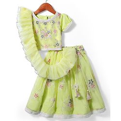 Babyhug Woven Half Sleeves Choli Lehenga Set & Dupatta With Sequin Floral Embroidery & Lace Detailing - Lime Green