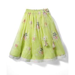 Babyhug Woven Half Sleeves Choli Lehenga Set & Dupatta With Sequin Floral Embroidery & Lace Detailing - Lime Green
