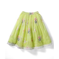 Babyhug Woven Half Sleeves Choli Lehenga Set & Dupatta With Sequin Floral Embroidery & Lace Detailing - Lime Green