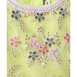 Babyhug Woven Half Sleeves Choli Lehenga Set & Dupatta With Sequin Floral Embroidery & Lace Detailing - Lime Green