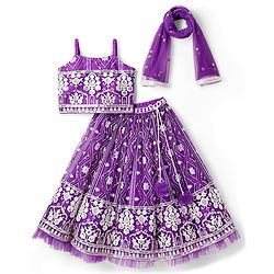 Babyhug Woven Sleeveless Floral Embroidered Choli Lehenga Set with Dupatta & Sequin Detailing - Purple