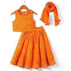 Babyhug Cotton Woven Sleeveless Choli Lehenga and Dupatta Set with Bandhani Print - Orange