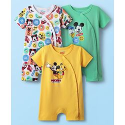Babyhug Disney Interlock Knit Half Sleeves Rompers with Mickey Mouse & Friends Print Pack of 3 - White Green & Yellow
