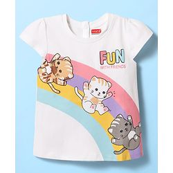 Babyhug Cotton Knit Half Cap Sleeves T-Shirt with Kitty Print - White