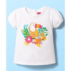 Babyhug Cotton Knit Half Puffed Sleeves T-Shirt with Bird Print - White