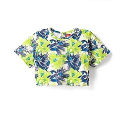 Babyhug Cotton Knit Half Sleeves Drop Shoulder T-Shirt With Floral Print - Navy Blue & Limegreen