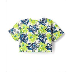 Babyhug Cotton Knit Half Sleeves Drop Shoulder T-Shirt With Floral Print - Navy Blue & Limegreen