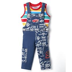 Babyhug Disney Single Jersey Knit Sleeveless T-Shirt And Dungaree Set With Car Graphics - Blue & Yellow