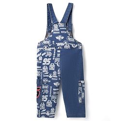 Babyhug Disney Single Jersey Knit Sleeveless T-Shirt And Dungaree Set With Car Graphics - Blue & Yellow