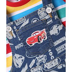 Babyhug Disney Single Jersey Knit Sleeveless T-Shirt And Dungaree Set With Car Graphics - Blue & Yellow
