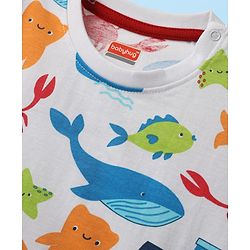 Babyhug Single Jersey Knit Half Sleeves T-Shirt & Shorts Set With Sea Animals Print - White & Red