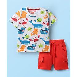 Babyhug Single Jersey Knit Half Sleeves T-Shirt & Shorts Set With Sea Animals Print - White & Red