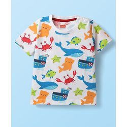 Babyhug Single Jersey Knit Half Sleeves T-Shirt & Shorts Set With Sea Animals Print - White & Red