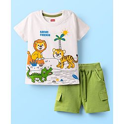 Babyhug Single Jersey Knit Half Sleeves T-Shirt & Shorts Set with Animal Print - White & Green