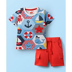 Babyhug Single Jersey Knit Half Sleeves T-Shirt & Shorts Set with Nautical Theme Print - Red