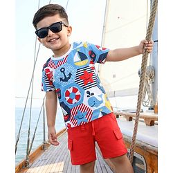 Babyhug Single Jersey Knit Half Sleeves T-Shirt & Shorts Set with Nautical Theme Print - Red