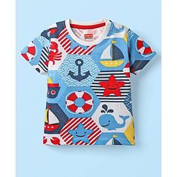 Babyhug Single Jersey Knit Half Sleeves T-Shirt & Shorts Set with Nautical Theme Print - Red