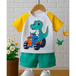 Babyhug Single Jersey Knit Half Raglan Sleeves T-Shirt & Shorts Set With Dino Print - White & Green