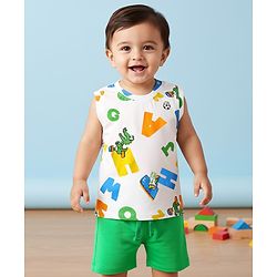 Babyhug Single Jersey Knit Sleeveless Tank T-Shirt & Shorts With Alphabet Print - Green & White