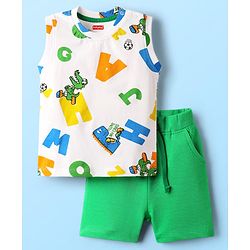 Babyhug Single Jersey Knit Sleeveless Tank T-Shirt & Shorts With Alphabet Print - Green & White