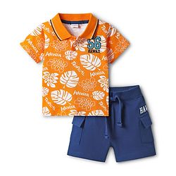Babyhug Single Jersey Knit Half Sleeves Polo T-Shirt & Shorts With Tropical Print - Orange & Blue