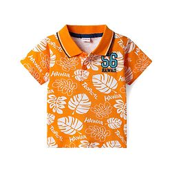 Babyhug Single Jersey Knit Half Sleeves Polo T-Shirt & Shorts With Tropical Print - Orange & Blue
