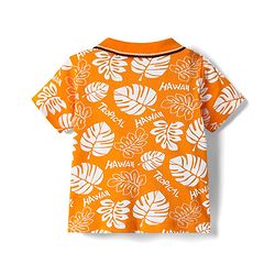 Babyhug Single Jersey Knit Half Sleeves Polo T-Shirt & Shorts With Tropical Print - Orange & Blue