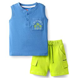 Babyhug Single Jersey Knit Sleeveless T-Shirt & Shorts Set with Carlifornia Text Print - Blue & Limegreen