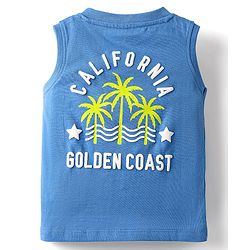 Babyhug Single Jersey Knit Sleeveless T-Shirt & Shorts Set with Carlifornia Text Print - Blue & Limegreen