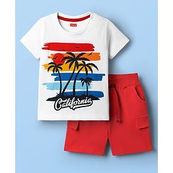 Babyhug Single Jersey Knit Half Sleeves T-Shirt & Shorts With Beach Theme Print - Red & White