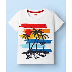 Babyhug Single Jersey Knit Half Sleeves T-Shirt & Shorts With Beach Theme Print - Red & White