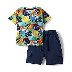 Babyhug Single Jersey Knit Half Sleeves T-Shirt & Shorts Set With Leaf Print - Blue