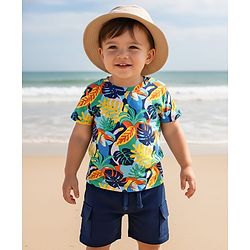 Babyhug Single Jersey Knit Half Sleeves T-Shirt & Shorts Set With Leaf Print - Blue